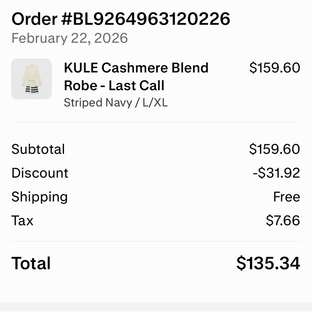 KULE Striped Cashmere Blend Robe in Navy and Cream - brand new